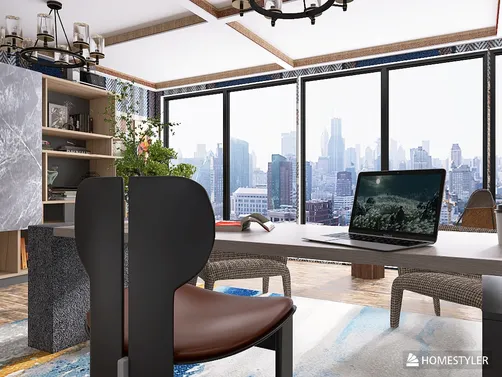 modern office desk with laptop and ergonomic chair overlooking city skyline in contemporary design style, featuring Homestyler's real-time 3D rendering capability