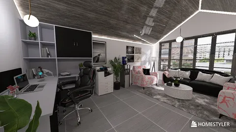 modern living room with office area showcasing stylish furniture arrangement and contemporary design elements utilizing Homestyler's real-time 3D rendering feature for accurate visualization.