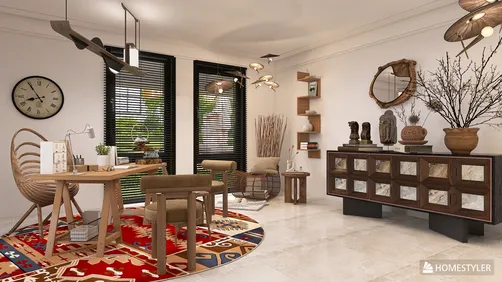 home office with wooden desk and chairs incorporating smart furniture layout, contemporary style, enhancing productivity space, featuring Homestyler's real-time 3D rendering