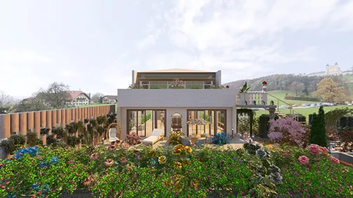 exterior view of a contemporary house surrounded by vibrant flowers, featuring a seamless connection with nature and a spacious garden area, showcasing interior design using Homestyler's real-time 3D rendering feature.