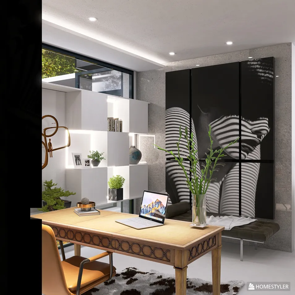 modern home office design showcasing a stylish workspace with a wooden desk and contemporary decor, featuring AR virtual furniture placement for personalized styling options.