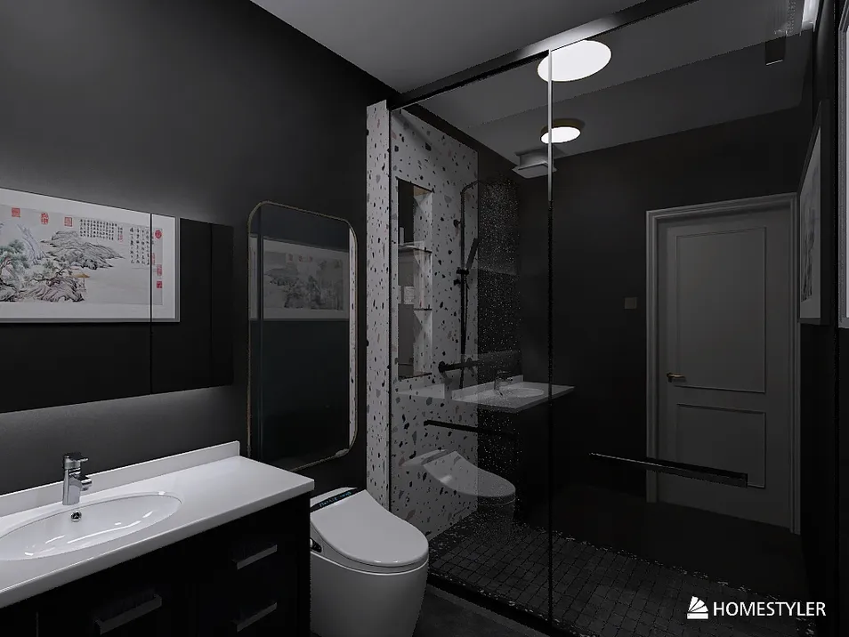 modern bathroom design featuring sleek fixtures and a glass shower enclosure with a black and white color scheme, showcasing Homestyler's real-time 3D rendering for accurate design previews.