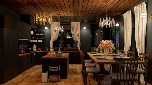 rustic kitchen with wooden ceiling and dark cabinetry featuring a farmhouse dining table and vintage chandeliers, showcasing interior decor styles with Homestyler's real-time 3D rendering capabilities.