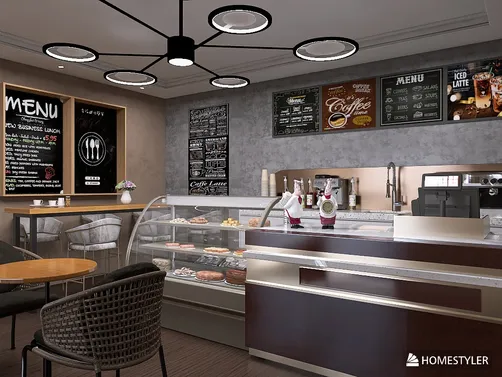 modern cafe interior design featuring a sleek counter display with baked goods and coffee, using real-time 3D rendering by Homestyler for optimal design presentation.
