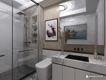 modern bathroom design featuring a sleek glass shower and elegant marble countertops, showcasing interior decor style with a focus on luxury; utilizing Homestyler's real-time 3D rendering functionality for an accurate design preview.