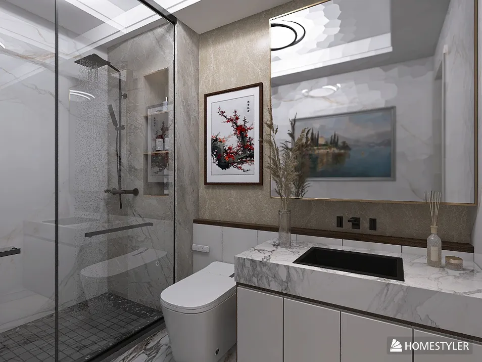 modern bathroom design featuring a sleek glass shower and elegant marble countertops, showcasing interior decor style with a focus on luxury; utilizing Homestyler's real-time 3D rendering functionality for an accurate design preview.