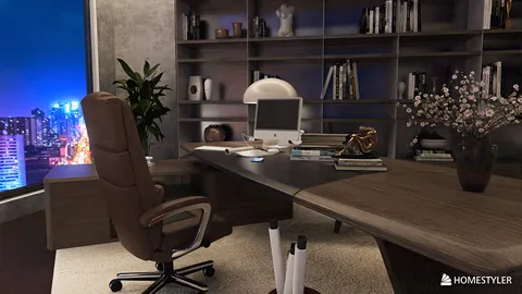 modern office interior design featuring an ergonomic desk setup and stylish bookshelf with ambient city view, showcasing Homestyler's real-time 3D rendering capabilities.