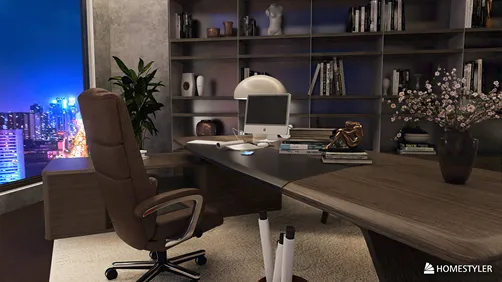 modern office interior design featuring an ergonomic desk setup and stylish bookshelf with ambient city view, showcasing Homestyler's real-time 3D rendering capabilities.