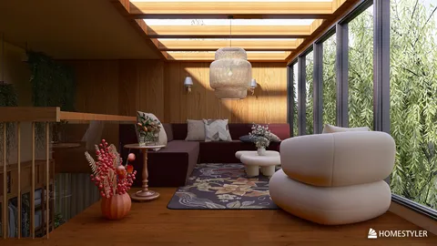 modern lounge area showcasing a cozy seating arrangement with plush sofas and artistic decor in a contemporary style, featuring Homestyler's real-time 3D rendering for an immersive design preview.