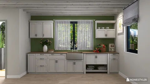 Modern kitchen with white cabinetry and green walls, showcasing a cozy design for an inviting cooking space, utilizing Homestyler's real-time 3D rendering for accurate previewing.
