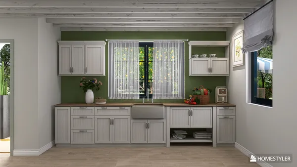 Modern kitchen with white cabinetry and green walls, showcasing a cozy design for an inviting cooking space, utilizing Homestyler's real-time 3D rendering for accurate previewing.