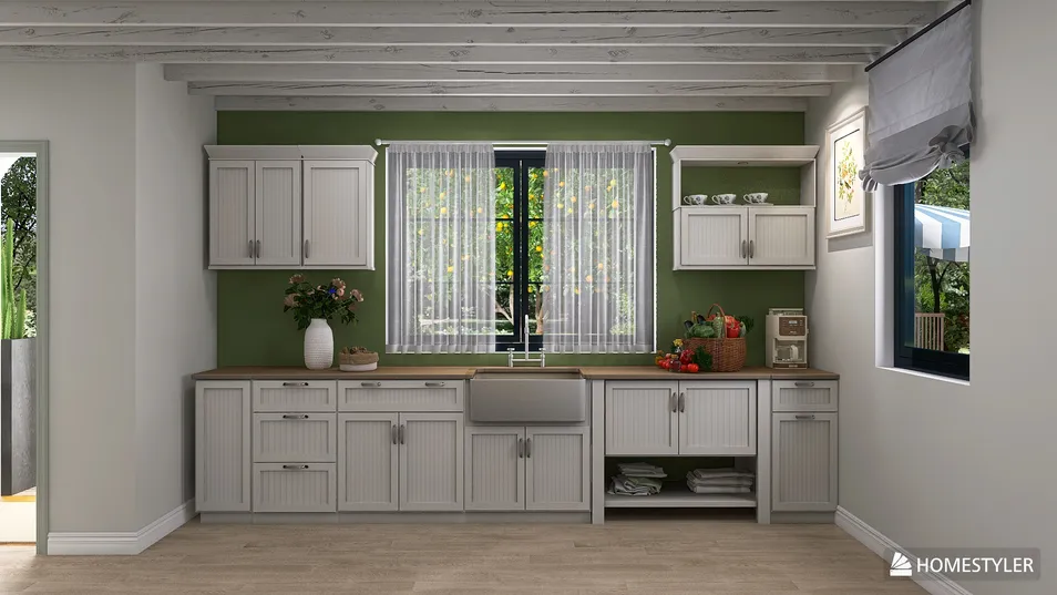 Modern kitchen with white cabinetry and green walls, showcasing a cozy design for an inviting cooking space, utilizing Homestyler's real-time 3D rendering for accurate previewing.