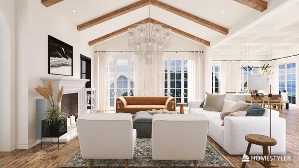 Cozy living room with wooden beams featuring contemporary furniture arrangement in a modern farmhouse style, showcasing interior decor with Homestyler's real-time 3D rendering feature.