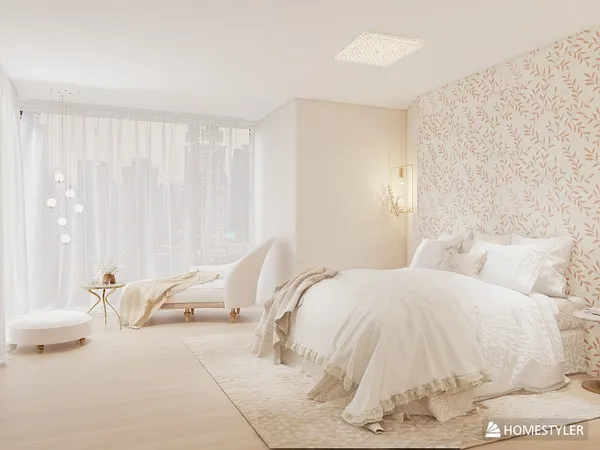 Elegant bedroom featuring a cozy bed with light-colored bedding and floral wallpaper, showcasing modern interior design while utilizing Homestyler's real-time 3D rendering for an accurate preview.