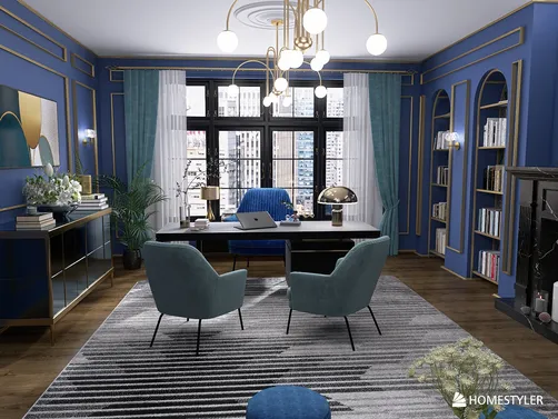 a stylish office featuring elegant blue walls, a modern desk setup, and cozy seating arrangements, exemplifying contemporary interior design; including Homestyler's real-time 3D rendering for visualizing design proposals.