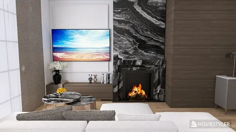 modern living room interior design featuring a sleek fireplace and large television, showcasing a stylish black and white marble accent wall, utilizing Homestyler's real-time 3D rendering for an accurate design preview.
