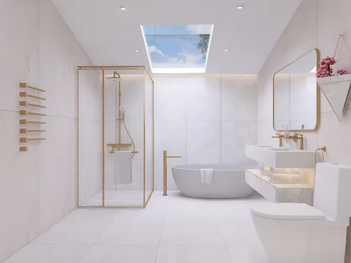 modern bathroom featuring a sleek freestanding bathtub and a walk-in shower with glass enclosure, designed using Homestyler for a luxurious interior decor style, optimized for relaxing space