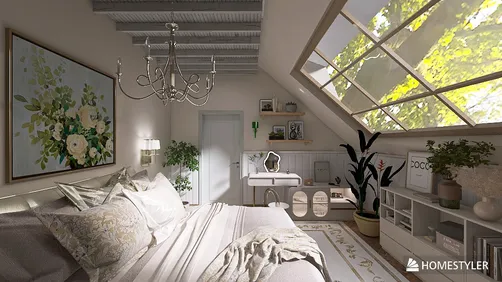 Cozy bedroom with natural light streaming through large windows, featuring floral decor and a modern minimalist style; showcasing Homestyler's real-time 3D rendering for an immersive interior design experience.