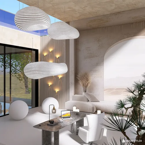 modern living room with cloud-shaped lights featuring 3D interior design showcasing a minimalist style and spacious value using Homestyler's real-time 3D rendering feature