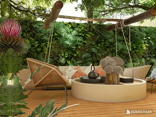 outdoor seating area featuring a hanging chair and a circular table surrounded by greenery, designed in a modern tropical style, showcasing Homestyler's real-time 3D rendering capabilities.