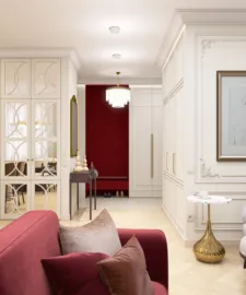 luxurious living room with a red accent wall, featuring stylish furniture arrangement, elegant design, enhancing interior decor for a modern home using Homestyler's real-time 3D rendering functionality.