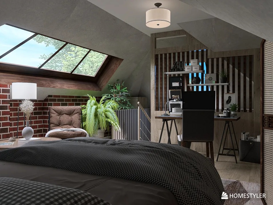 cozy bedroom design featuring a modern workspace with a stylish desk, industrial elements, and lush greenery, showcasing interior decor optimization with Homestyler's real-time 3D rendering feature.