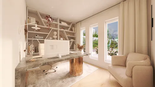 modern home office with organized shelving and stylish decor, featuring a sleek desk and comfortable chair, showcasing a contemporary interior design; powered by Homestyler's real-time 3D rendering for design proposal displays.