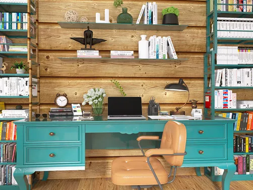 home office desk arrangement with turquoise color scheme and wooden shelving, showcasing a modern rustic style, featuring a cozy workspace ideal for interior design inspiration using Homestyler's real-time 3D rendering.