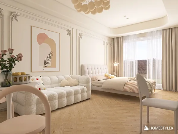 modern bedroom interior design featuring a plush bed and contemporary sofa with soft pastel colors, utilizing Homestyler's real-time 3D rendering for a detailed visual preview