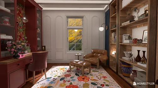 cozy reading nook featuring a leather armchair and a stylish bookshelf, enhanced by a floral rug in a classic design, showcasing Homestyler's real-time 3D rendering feature for interior decor.