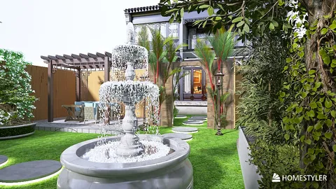 outdoor garden design featuring a water fountain and lush greenery, utilizing Homestyler's real-time 3D rendering feature for an immersive landscape preview.