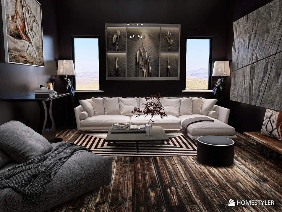 modern living room interior design featuring a black wall with artistic decor and a cozy sectional sofa, showcasing Homestyler's real-time 3D rendering functionality for interior visualization.