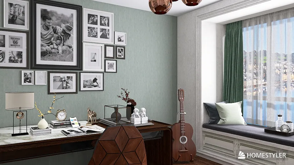 cozy home office with a stylish desk and decorative photo wall displaying family memories, incorporating modern design elements and optimized for remote work using Homestyler's real-time 3D rendering feature.