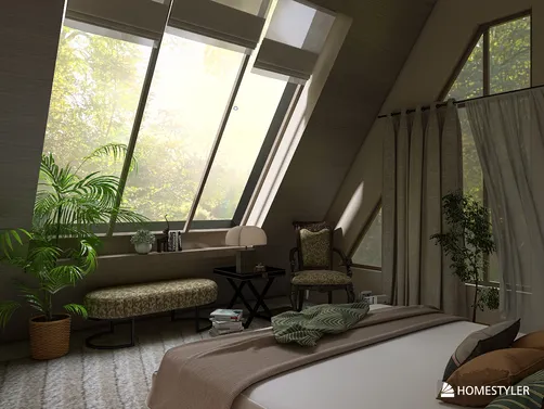 bedroom with large angled windows showcasing natural light and greenery, featuring modern minimalist design and cozy furnishings to enhance the space, utilizing Homestyler's real-time 3D rendering for an immersive interior experience.