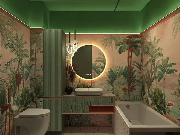 modern bathroom design featuring tropical wallpaper and a round mirror with LED lighting, showcasing a relaxing atmosphere with Homestyler's real-time 3D rendering for design proposal display.