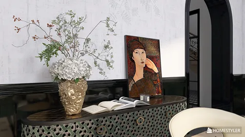 decorative console table adorned with a floral vase and artwork, showcasing a modern elegant style, enhancing the living room ambiance with Homestyler's real-time 3D rendering feature.