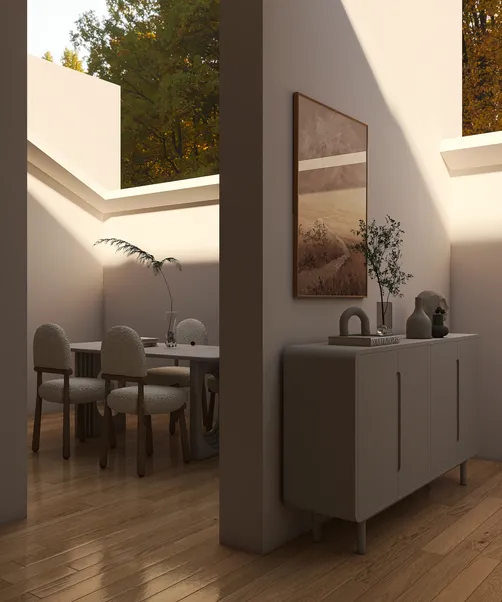 modern dining area with a wooden floor and minimalist decor showcasing a cozy atmosphere, featuring an open layout that emphasizes space optimization using Homestyler's smart furniture arrangement function.