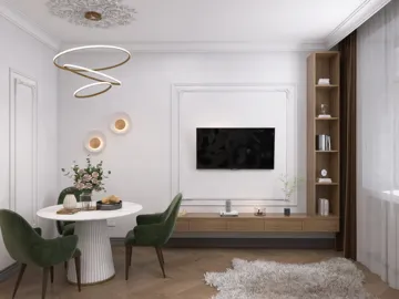 Modern living room featuring a minimalist dining area with a round table and green upholstered chairs, decorated with fresh flowers and a stunning chandelier, showcasing elegant interior design principles and utilizing Homestyler's real-time 3D rendering capabilities.