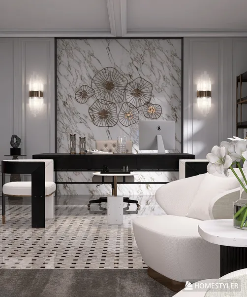 modern office design featuring a sleek desk arrangement with elegant decor elements, utilizing Homestyler's real-time 3D rendering for an accurate workspace visualization.