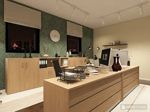 modern office space featuring a sleek wooden desk layout optimized with smart furniture arrangement in a contemporary style, showcasing Homestyler's real-time 3D rendering capabilities.