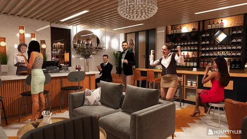 modern lounge area featuring a bar with patrons enjoying drinks and relaxed seating arrangements in a sophisticated style, showcasing Homestyler's real-time 3D rendering for realistic interior design visualizations.