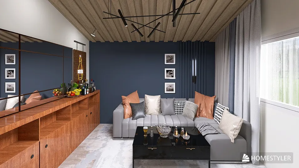 Stylish living room interior design featuring a modern sectional sofa with decorative pillows, incorporating a sophisticated color palette, showcasing a cozy and inviting space, rendered using Homestyler's real-time 3D rendering feature.