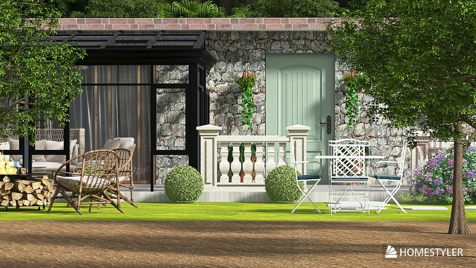outdoor garden design with a charming patio featuring stone walls, cozy seating area, and green landscaping, showcasing Homestyler's real-time 3D rendering for interior decor planning.