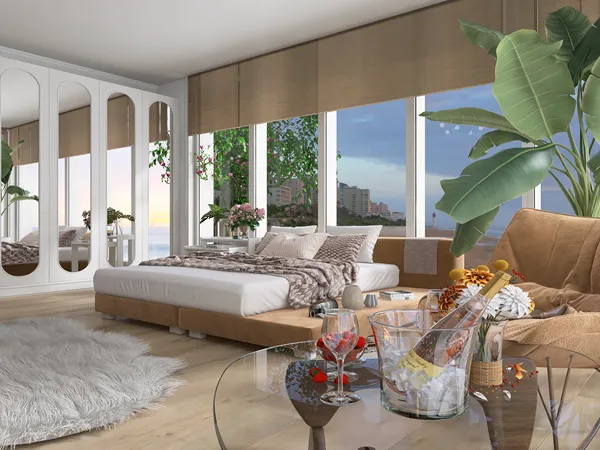 Modern bedroom design featuring a cozy bed and elegant seating arrangement, utilizing Homestyler's real-time 3D rendering for a lifelike preview.