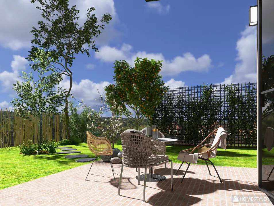 outdoor seating area featuring modern furniture arrangement in a contemporary style, perfect for exterior spaces, showcasing Homestyler's real-time 3D rendering feature.