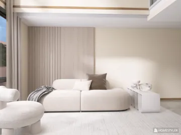 Modern sofa arrangement optimizing small living room space in a minimalist style featuring Homestyler's real-time 3D rendering for design proposal preview.