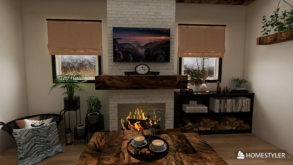 cozy living room featuring a fireplace with a modern rustic design style, providing a warm atmosphere for relaxation, showcasing Homestyler's real-time 3D rendering capabilities.