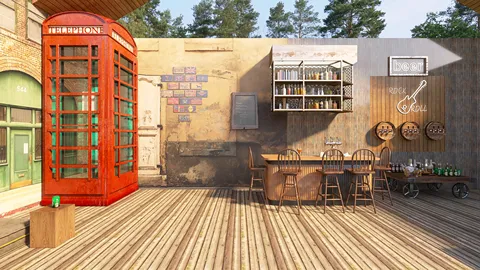 outdoor seating area with rustic bar design featuring a vintage red telephone booth, crafted in an industrial style, enhancing the social value of outdoor gatherings using Homestyler's real-time 3D rendering feature.