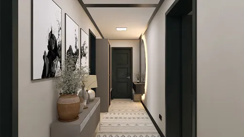 modern hallway design featuring elegant artwork and stylish decor, showcasing interior decor optimization with Homestyler's real-time 3D rendering feature
