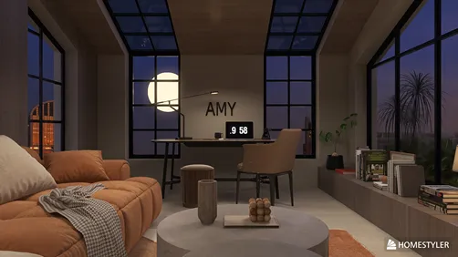 Cozy living room with modern workspace design featuring a large window and ambient lighting, showcasing an elegant interior decor style that emphasizes functionality and comfort, utilizing Homestyler's real-time 3D rendering feature.
